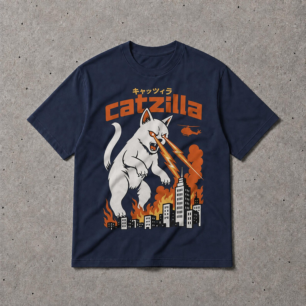 Funny Catzilla Cat Graphic T Shirt, Cat Lover Gift Navy